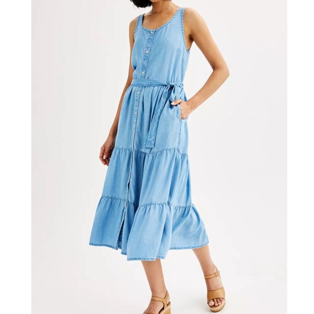 Women's Sonoma Lightweight Blue Denim Button Down Tie Waist Dress Size Large